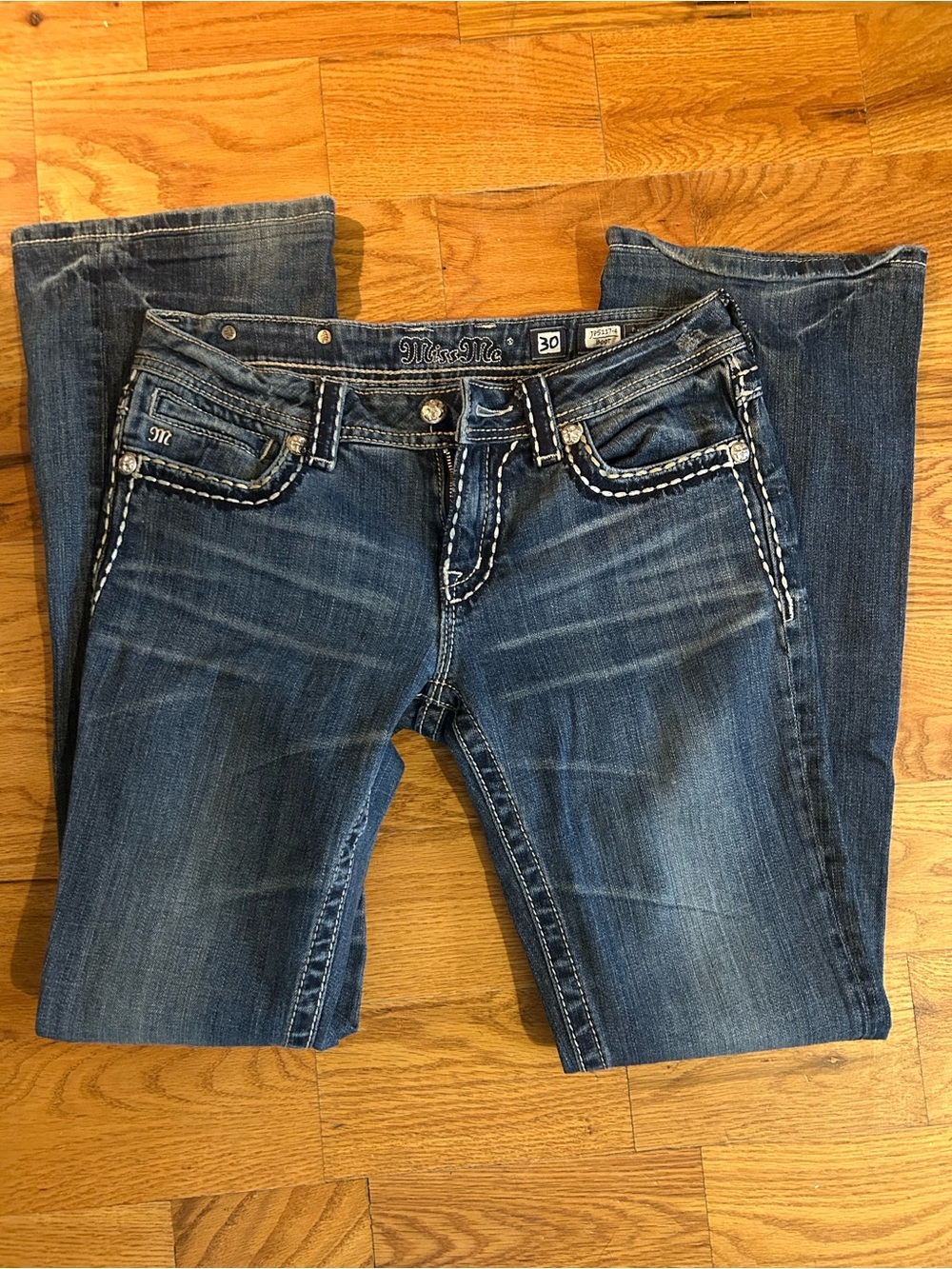 Miss Me Women’s Dark Wash Bootcut Jeans with White Contrast Stitching